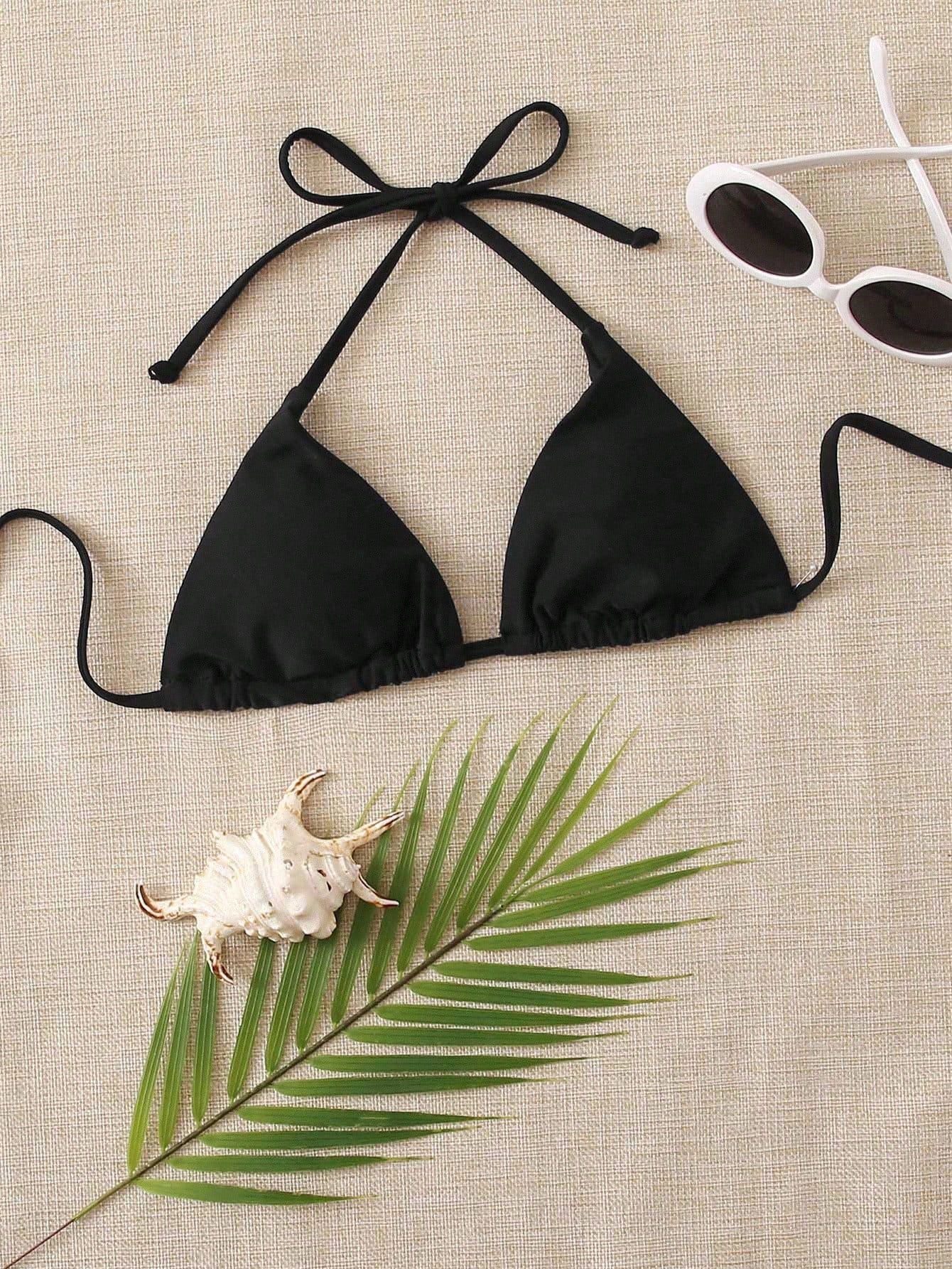 Swim Vcay Women's Summer Beach Solid Color Halter Tie Sexy Triangle Cup Bikini Top (Removable Bow Tie)