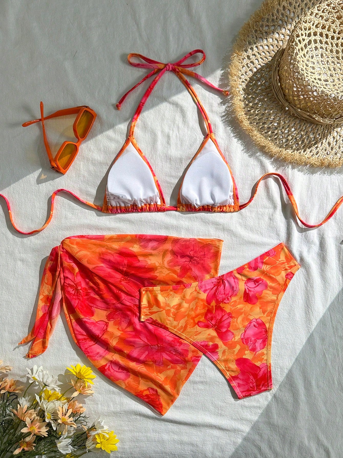 Swim Vcay Women's Summer Beach Vacation Floral Print Halter Tie Back Sexy Bikini 3-Piece Set
