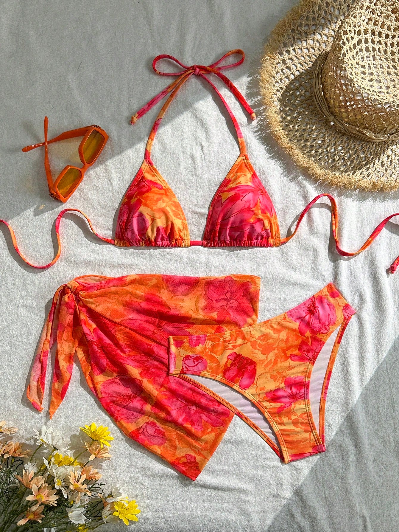Swim Vcay Women's Summer Beach Vacation Floral Print Halter Tie Back Sexy Bikini 3-Piece Set