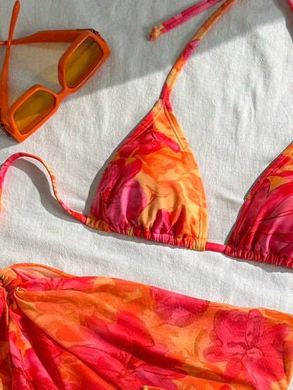 Swim Vcay Women's Summer Beach Vacation Floral Print Halter Tie Back Sexy Bikini 3-Piece Set