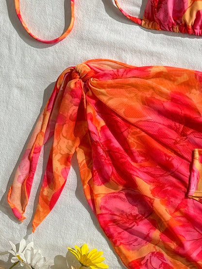 Swim Vcay Women's Summer Beach Vacation Floral Print Halter Tie Back Sexy Bikini 3-Piece Set