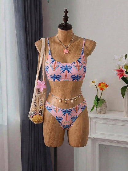 Swim Vcay Women's Summer Beach Vacation Palm Tree Print Sexy Tropical Fashion Bikini Two-Piece Swimsuit Set Pink Orange