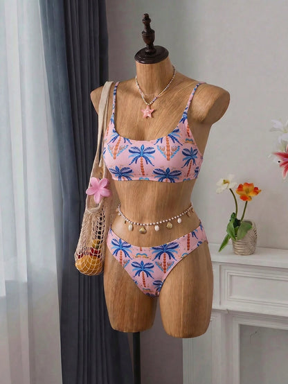 Swim Vcay Women's Summer Beach Vacation Palm Tree Print Sexy Tropical Fashion Bikini Two-Piece Swimsuit Set Pink Orange