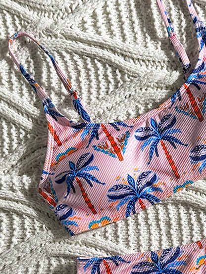 Swim Vcay Women's Summer Beach Vacation Palm Tree Print Sexy Tropical Fashion Bikini Two-Piece Swimsuit Set Pink Orange