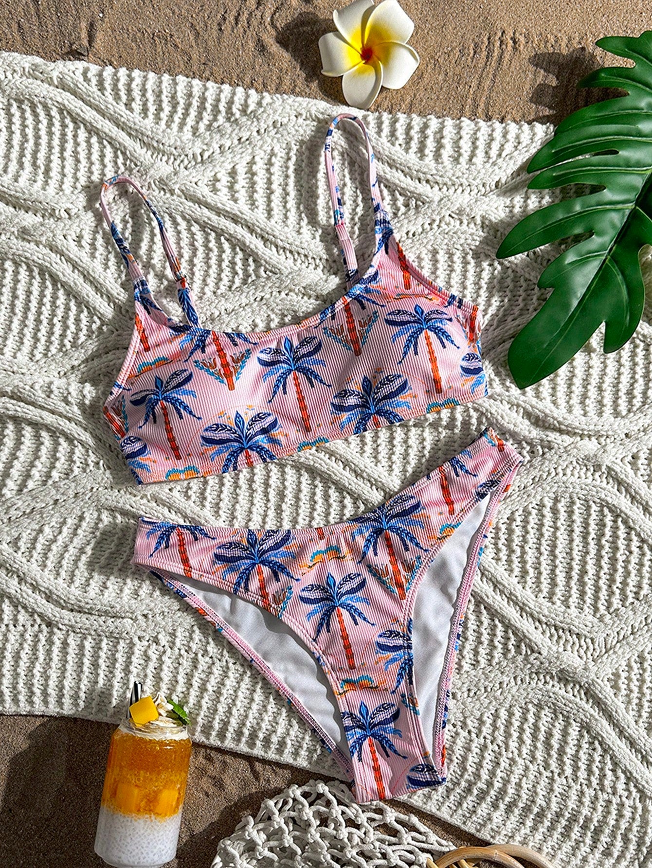 Swim Vcay Women's Summer Beach Vacation Palm Tree Print Sexy Tropical Fashion Bikini Two-Piece Swimsuit Set Pink Orange