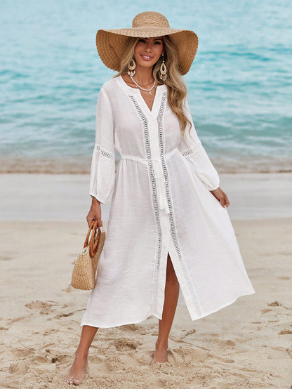 Swim Vcay Women's Summer Beach Vacation Solid Color Split 3/4 Sleeves, Lace Patchwork Fringe Tie Front Buttoned Casual Dress