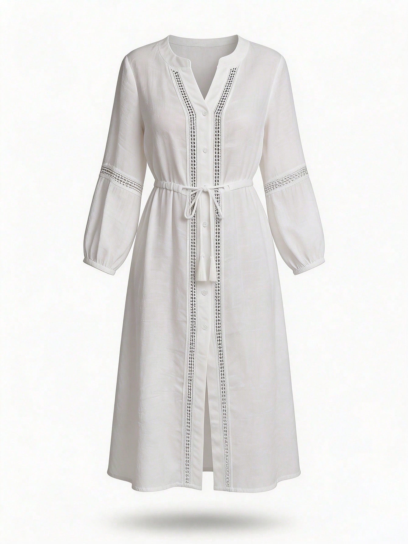 Swim Vcay Women's Summer Beach Vacation Solid Color Split 3/4 Sleeves, Lace Patchwork Fringe Tie Front Buttoned Casual Dress