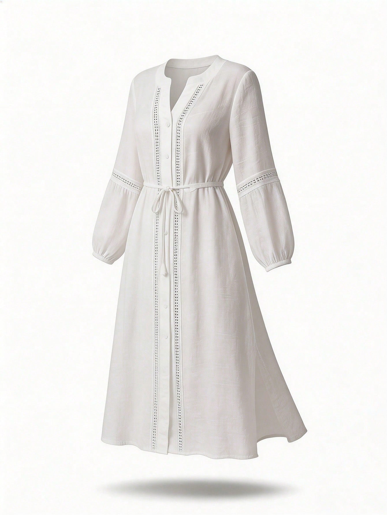 Swim Vcay Women's Summer Beach Vacation Solid Color Split 3/4 Sleeves, Lace Patchwork Fringe Tie Front Buttoned Casual Dress