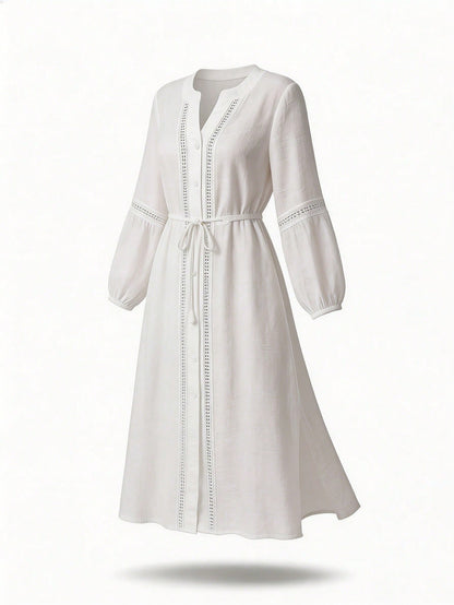 Swim Vcay Women's Summer Beach Vacation Solid Color Split 3/4 Sleeves, Lace Patchwork Fringe Tie Front Buttoned Casual Dress
