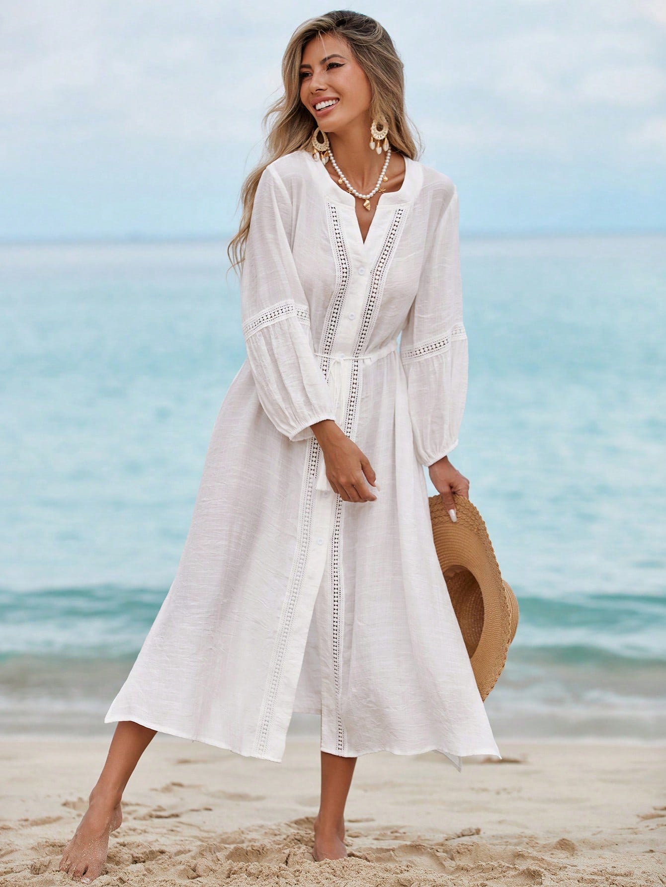 Swim Vcay Women's Summer Beach Vacation Solid Color Split 3/4 Sleeves, Lace Patchwork Fringe Tie Front Buttoned Casual Dress