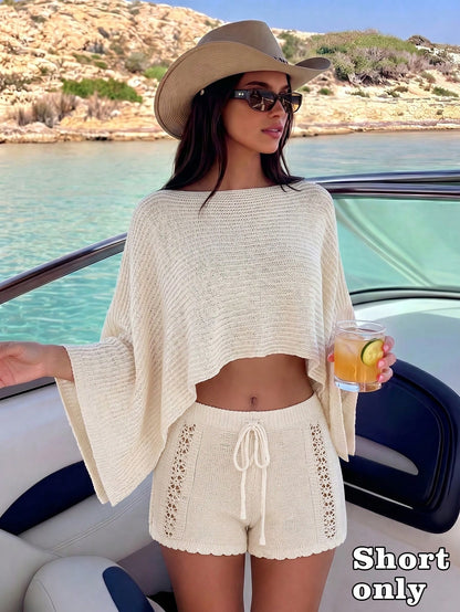 Swim Vcay Women's Summer Boho Holiday Pool Party Beach Hollow Out Knit Wide Leg Cover Up Shorts, French Elegant Beige
