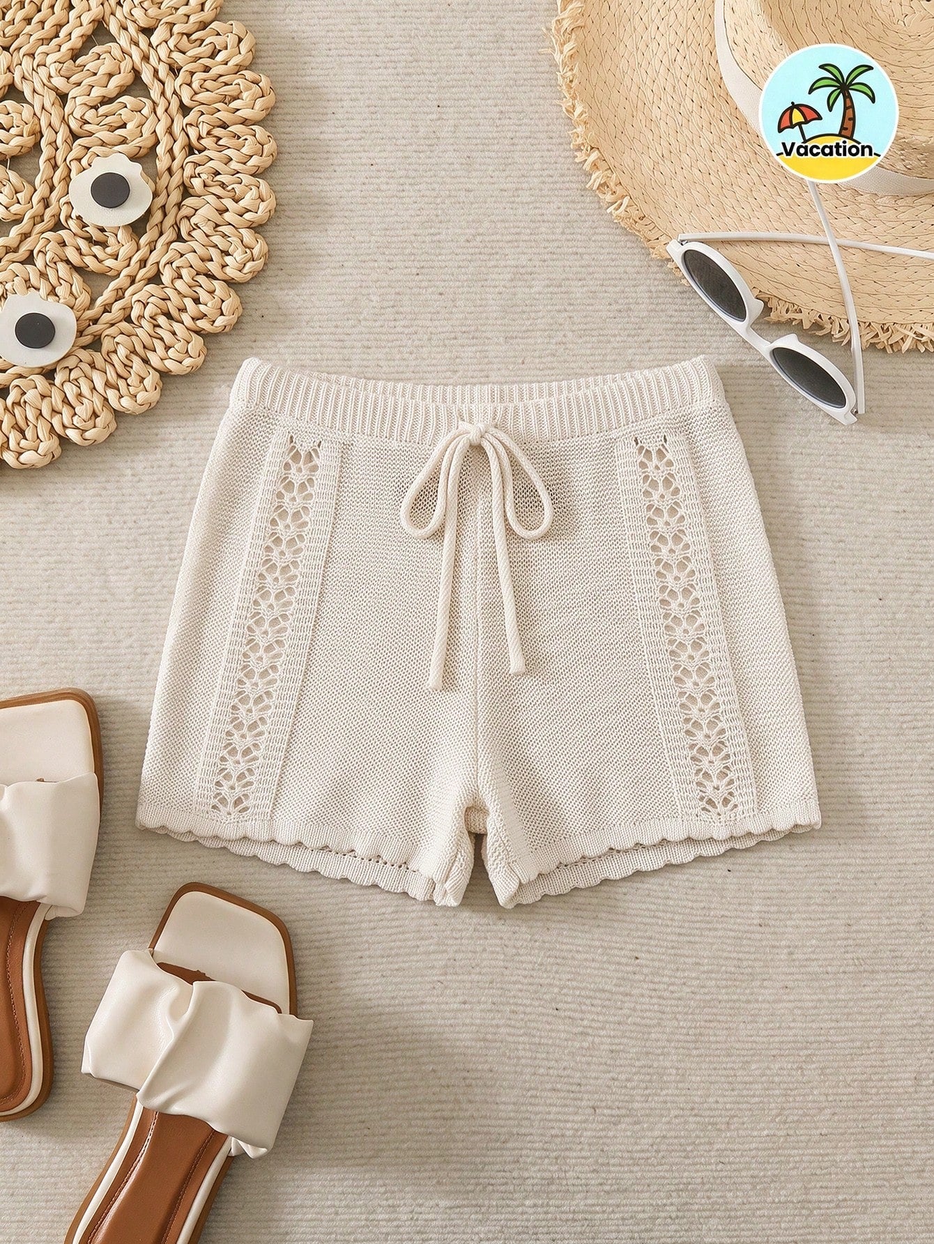 Swim Vcay Women's Summer Boho Holiday Pool Party Beach Hollow Out Knit Wide Leg Cover Up Shorts, French Elegant Beige