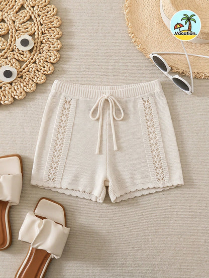 Swim Vcay Women's Summer Boho Holiday Pool Party Beach Hollow Out Knit Wide Leg Cover Up Shorts, French Elegant Beige