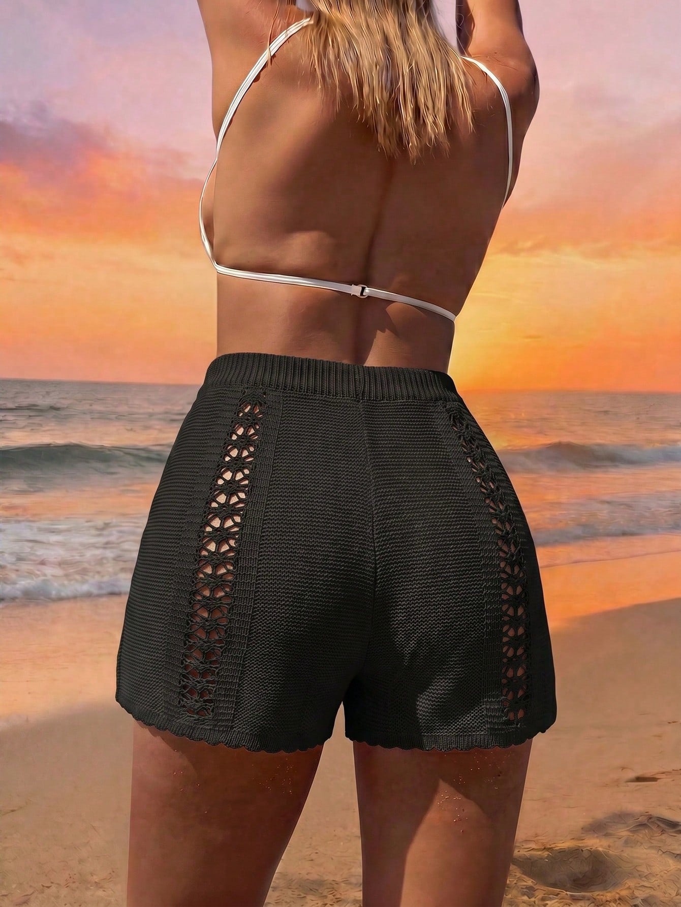 Swim Vcay Women's Summer Boho Holiday Pool Party Beach Hollow Out Knit Wide Leg Cover Up Shorts, French Elegant Beige