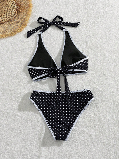 Swim Vcay Women's Summer Vacation Casual Beach Wear Black & White Polka Dot Print Splicing Two Pieces Bikini Set With Halter Neck Tie, Holiday Swimwear