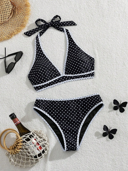 Swim Vcay Women's Summer Vacation Casual Beach Wear Black & White Polka Dot Print Splicing Two Pieces Bikini Set With Halter Neck Tie, Holiday Swimwear