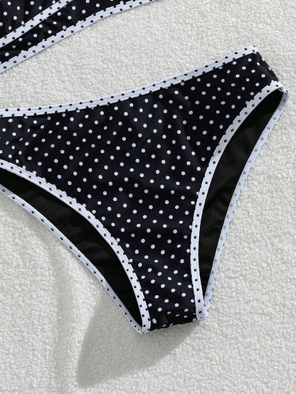 Swim Vcay Women's Summer Vacation Casual Beach Wear Black & White Polka Dot Print Splicing Two Pieces Bikini Set With Halter Neck Tie, Holiday Swimwear