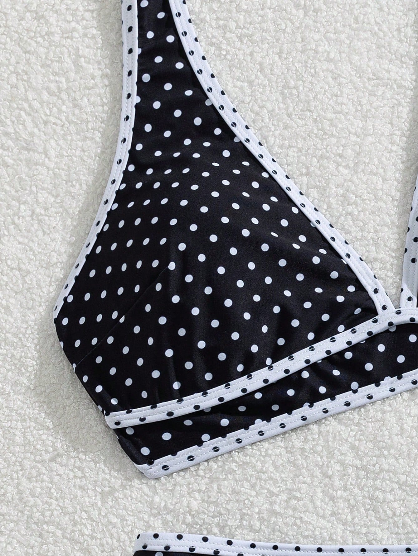 Swim Vcay Women's Summer Vacation Casual Beach Wear Black & White Polka Dot Print Splicing Two Pieces Bikini Set With Halter Neck Tie, Holiday Swimwear