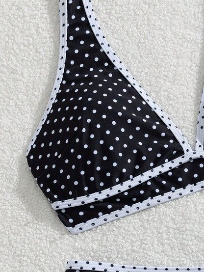 Swim Vcay Women's Summer Vacation Casual Beach Wear Black & White Polka Dot Print Splicing Two Pieces Bikini Set With Halter Neck Tie, Holiday Swimwear