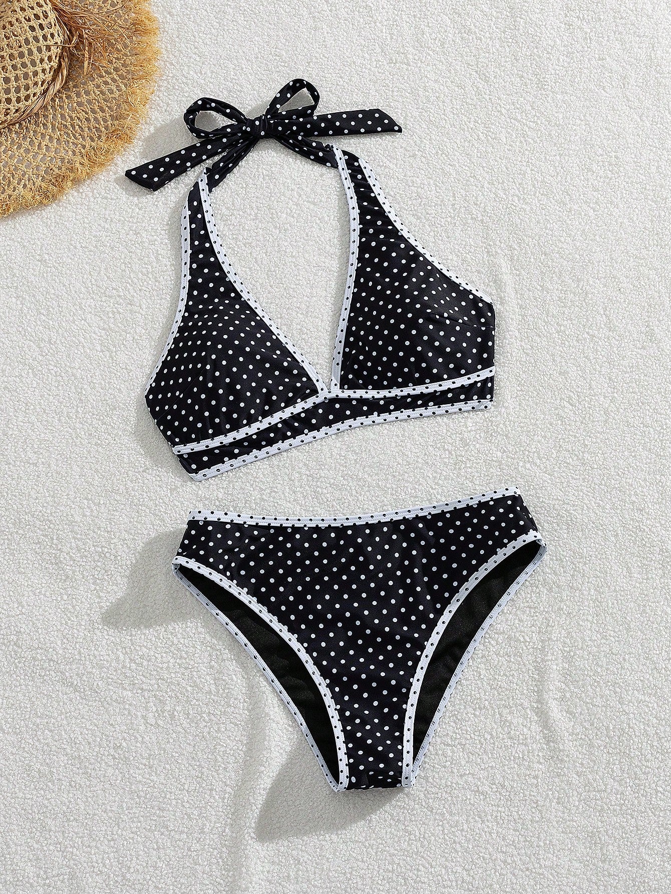 Swim Vcay Women's Summer Vacation Casual Beach Wear Black & White Polka Dot Print Splicing Two Pieces Bikini Set With Halter Neck Tie, Holiday Swimwear