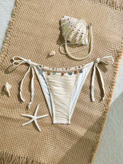 Swim Vcay Women's Swimwear Beige Summer Boho Beach Holiday,Sequin Shell Decor Textured Fabric Ruched Tie Side Bikini Bottoms, Seashell Beaded Bathing Suit