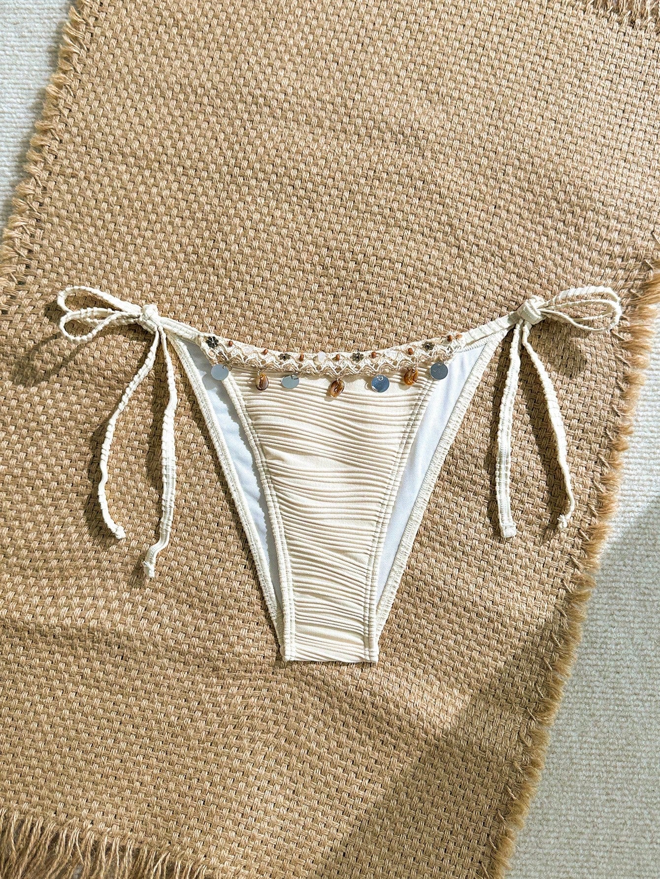 Swim Vcay Women's Swimwear Beige Summer Boho Beach Holiday,Sequin Shell Decor Textured Fabric Ruched Tie Side Bikini Bottoms, Seashell Beaded Bathing Suit
