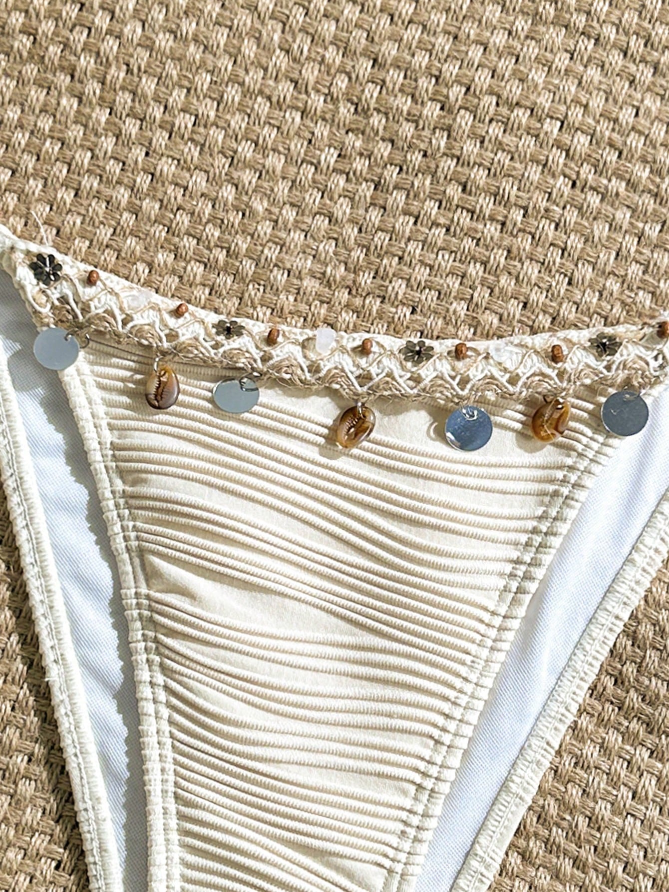 Swim Vcay Women's Swimwear Beige Summer Boho Beach Holiday,Sequin Shell Decor Textured Fabric Ruched Tie Side Bikini Bottoms, Seashell Beaded Bathing Suit