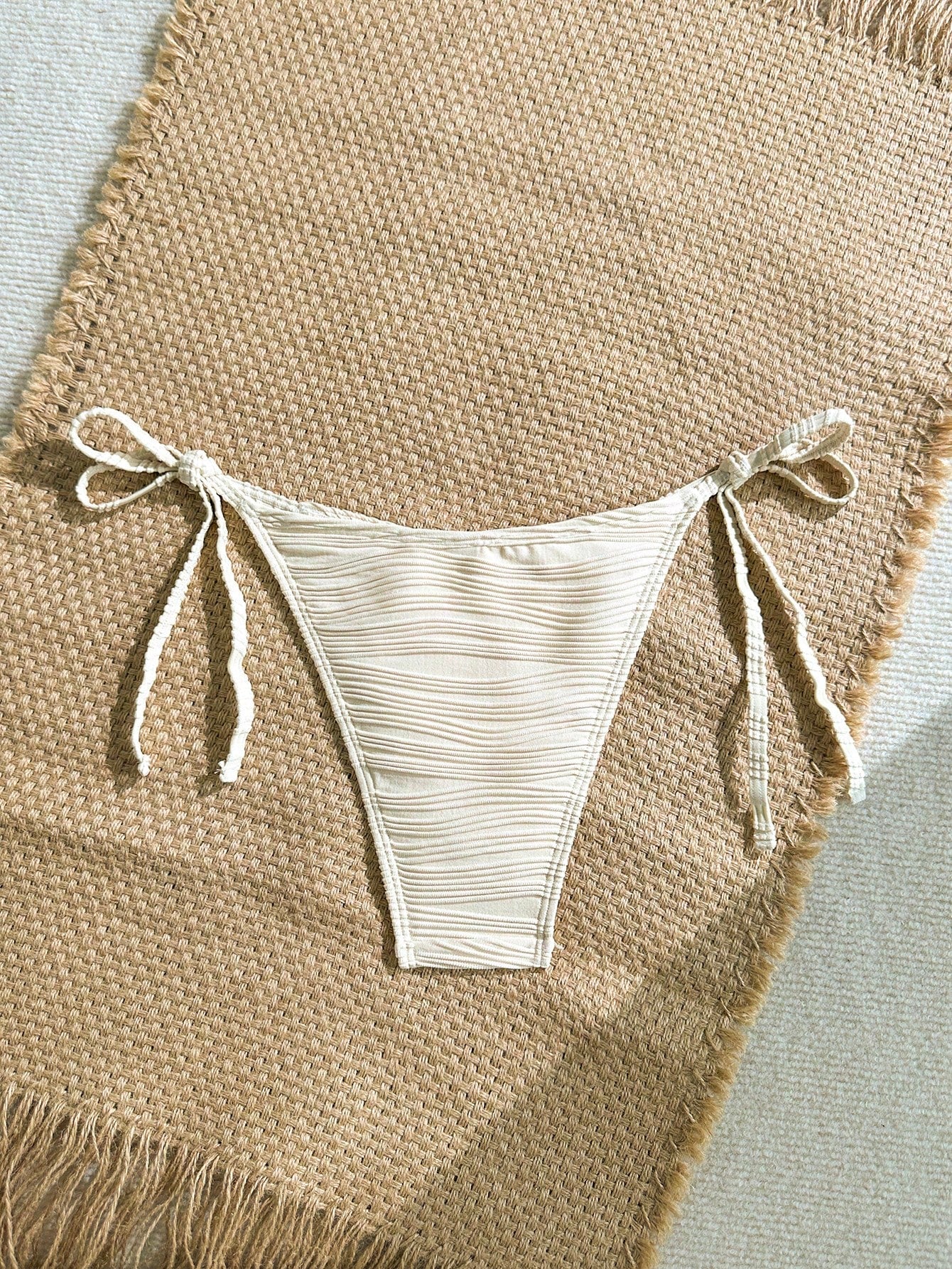 Swim Vcay Women's Swimwear Beige Summer Boho Beach Holiday,Sequin Shell Decor Textured Fabric Ruched Tie Side Bikini Bottoms, Seashell Beaded Bathing Suit