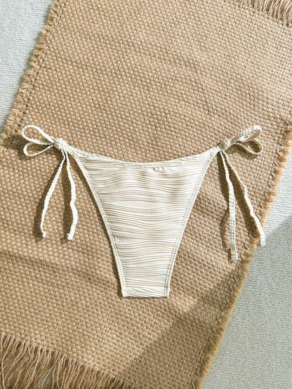 Swim Vcay Women's Swimwear Beige Summer Boho Beach Holiday,Sequin Shell Decor Textured Fabric Ruched Tie Side Bikini Bottoms, Seashell Beaded Bathing Suit