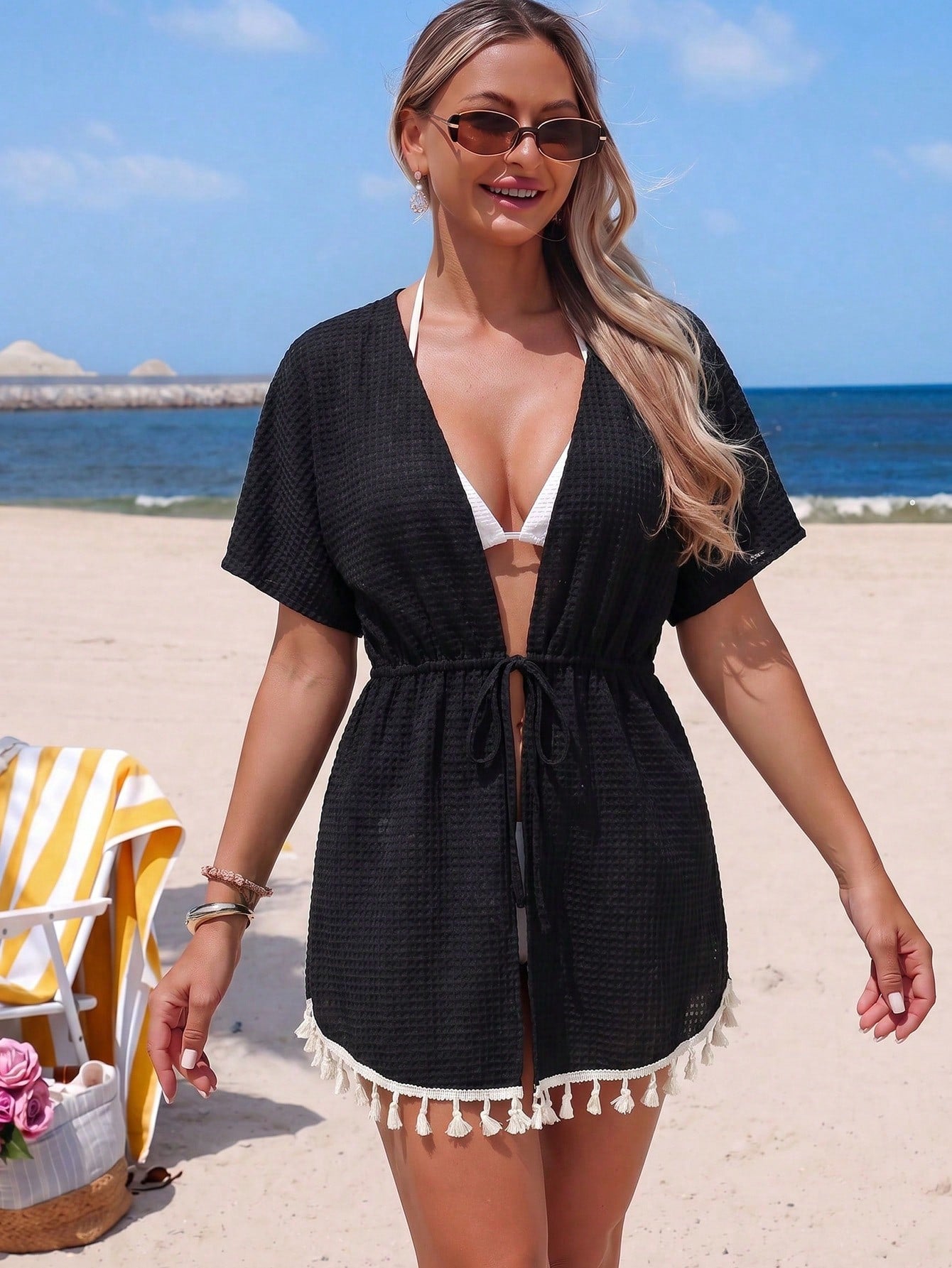 Swim Vcay Women's Textured Fabric Kimono Cover-Up Jacket With Contrast Color Hem And Tassel Decor, Summer Beach Holiday Party Vacation Style