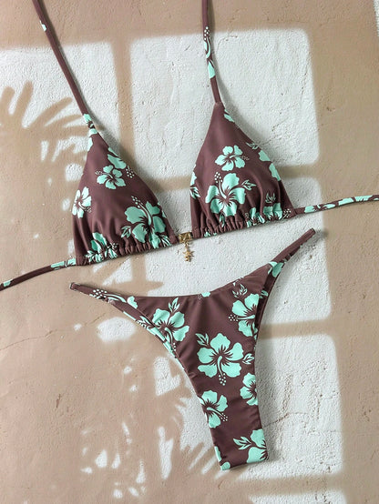 Swim Vcay Women's Tropical Print Two Pieces Bikini Set, Casual Holiday