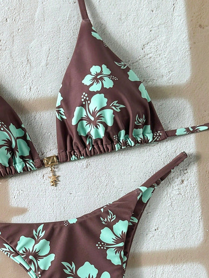 Swim Vcay Women's Tropical Print Two Pieces Bikini Set, Casual Holiday