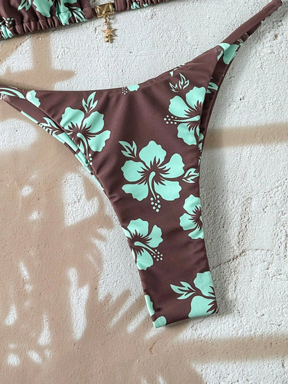 Swim Vcay Women's Tropical Print Two Pieces Bikini Set, Casual Holiday