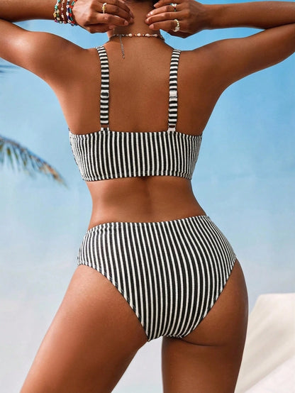 Swim Vcay Women's V-Neck Textured Striped Tankini Swimwear Set