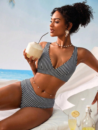 Swim Vcay Women's V-Neck Textured Striped Tankini Swimwear Set