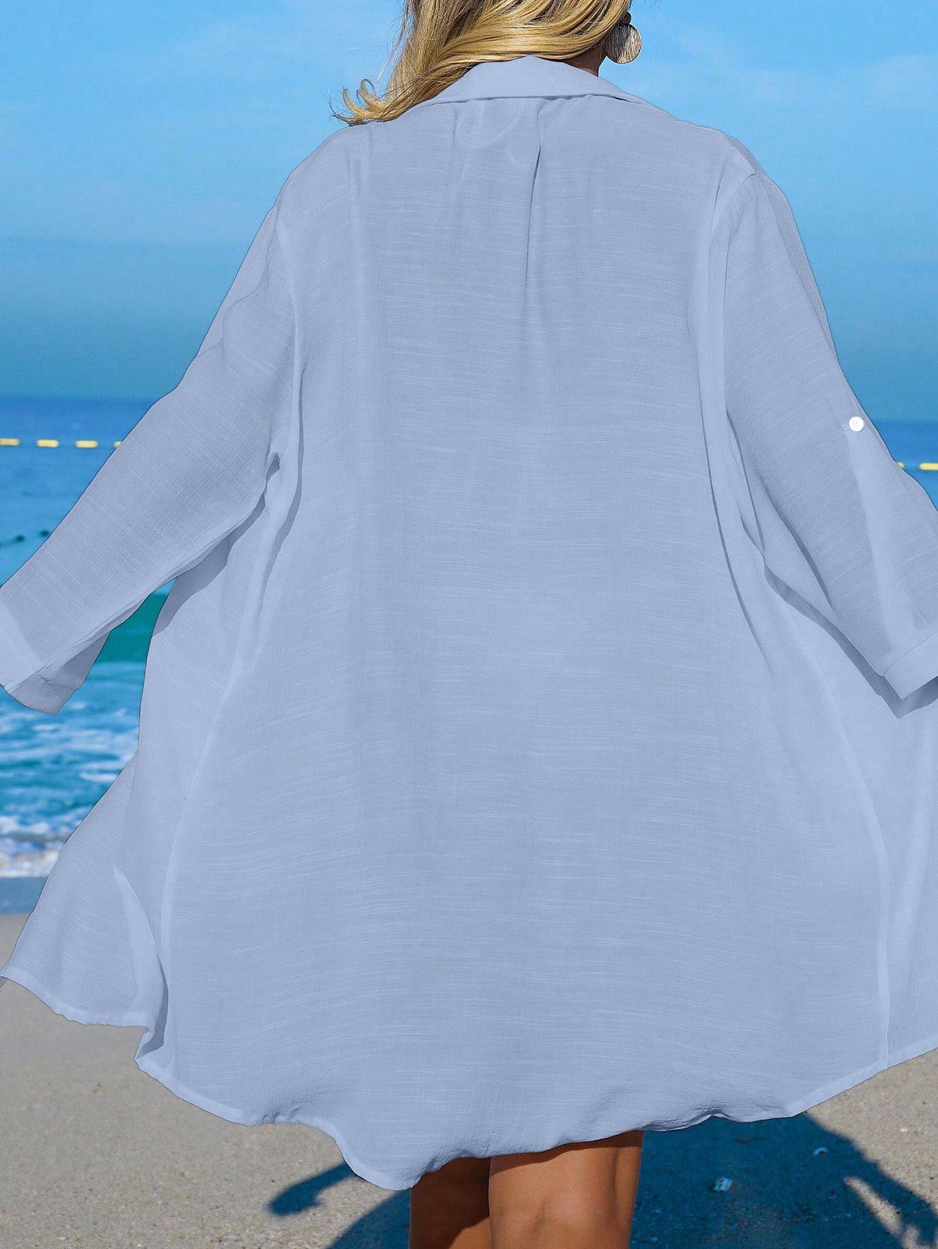 Swim Vcay Women's White Coconut Tree Button Casual Vacation Beach Kimono Cover Up