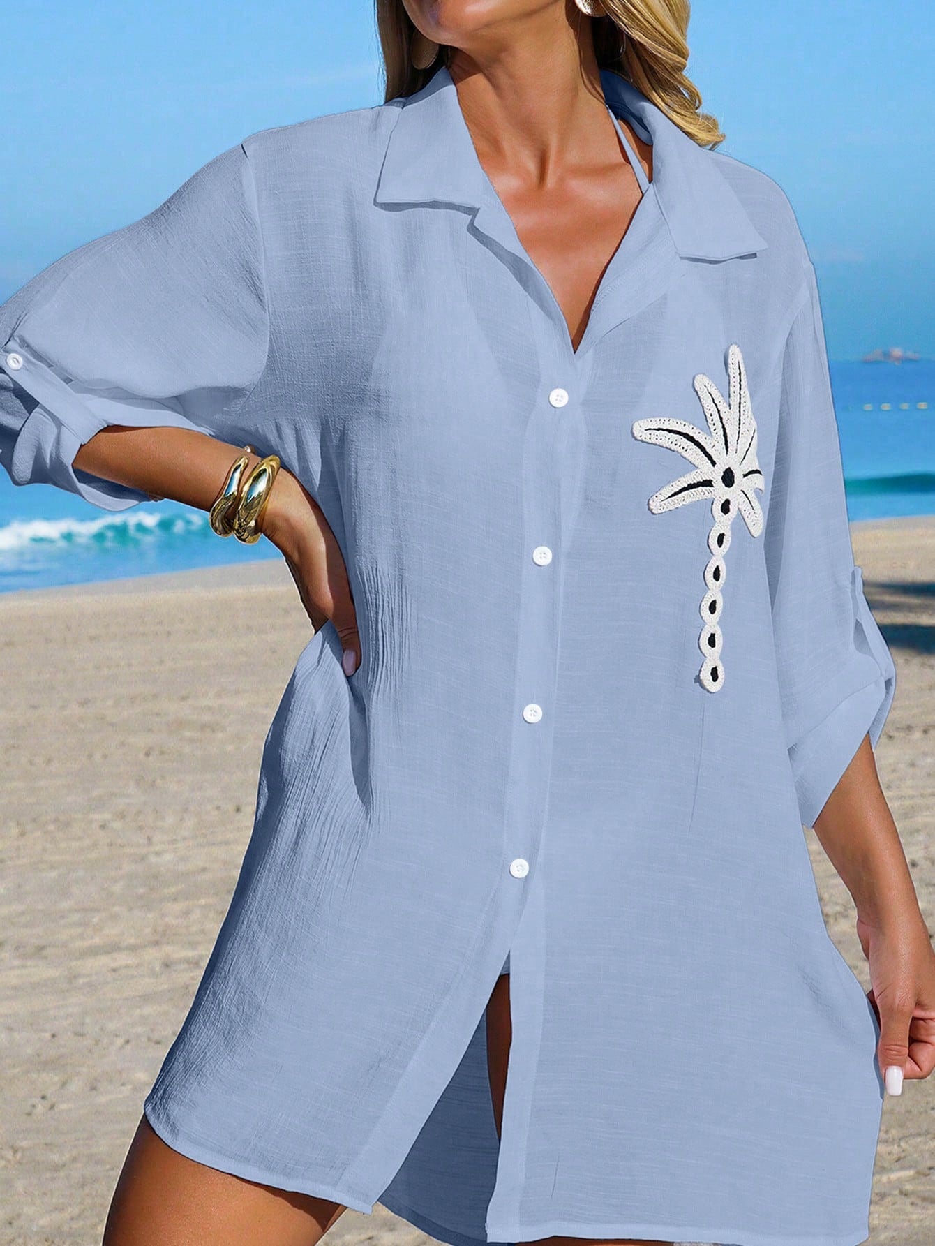 Swim Vcay Women's White Coconut Tree Button Casual Vacation Beach Kimono Cover Up