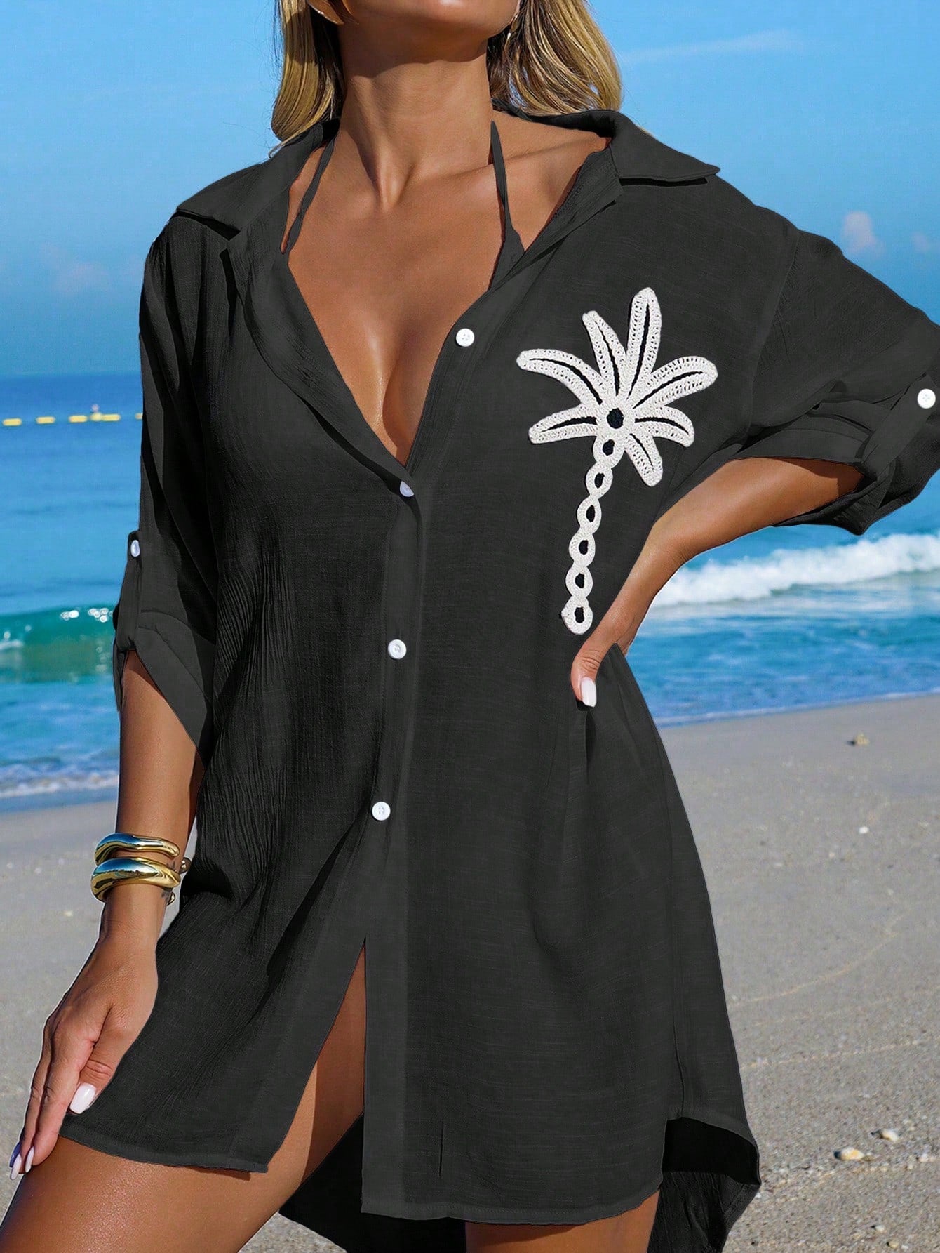 Swim Vcay Women's White Coconut Tree Button Casual Vacation Beach Kimono Cover Up