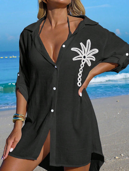 Swim Vcay Women's White Coconut Tree Button Casual Vacation Beach Kimono Cover Up