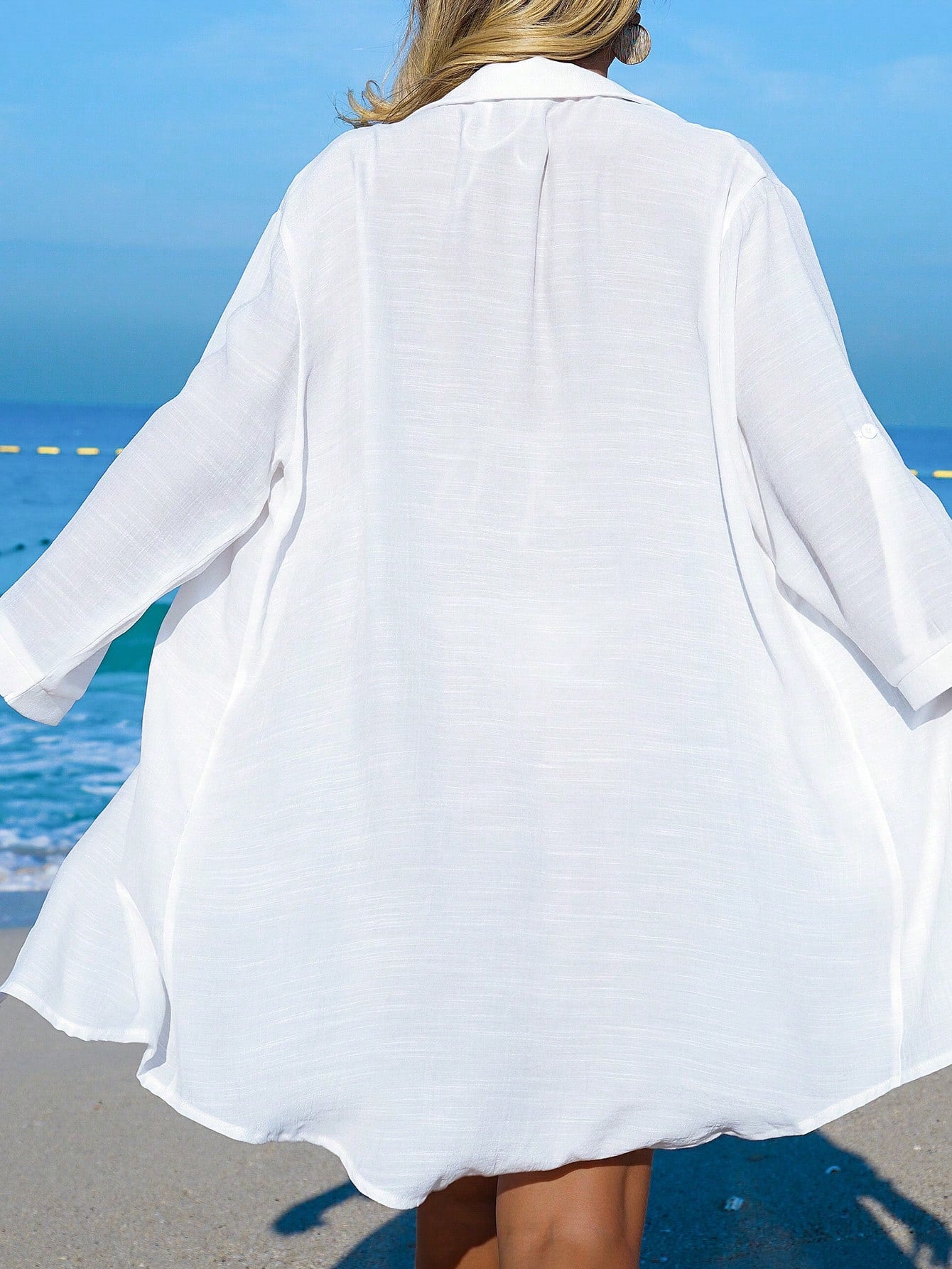 Swim Vcay Women's White Coconut Tree Button Casual Vacation Beach Kimono Cover Up
