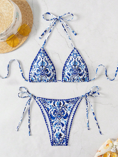 Swim Vcay Women Summer Beach Floral Print Vacation Halter Strap Bikini Set