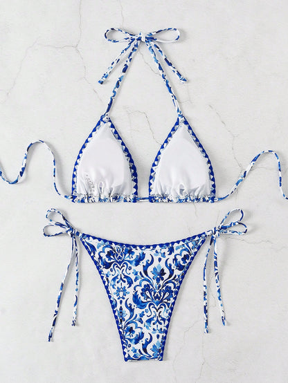 Swim Vcay Women Summer Beach Floral Print Vacation Halter Strap Bikini Set