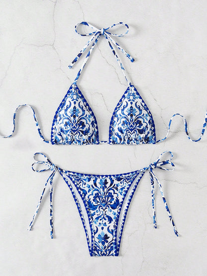 Swim Vcay Women Summer Beach Floral Print Vacation Halter Strap Bikini Set