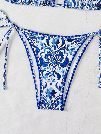 Swim Vcay Women Summer Beach Floral Print Vacation Halter Strap Bikini Set