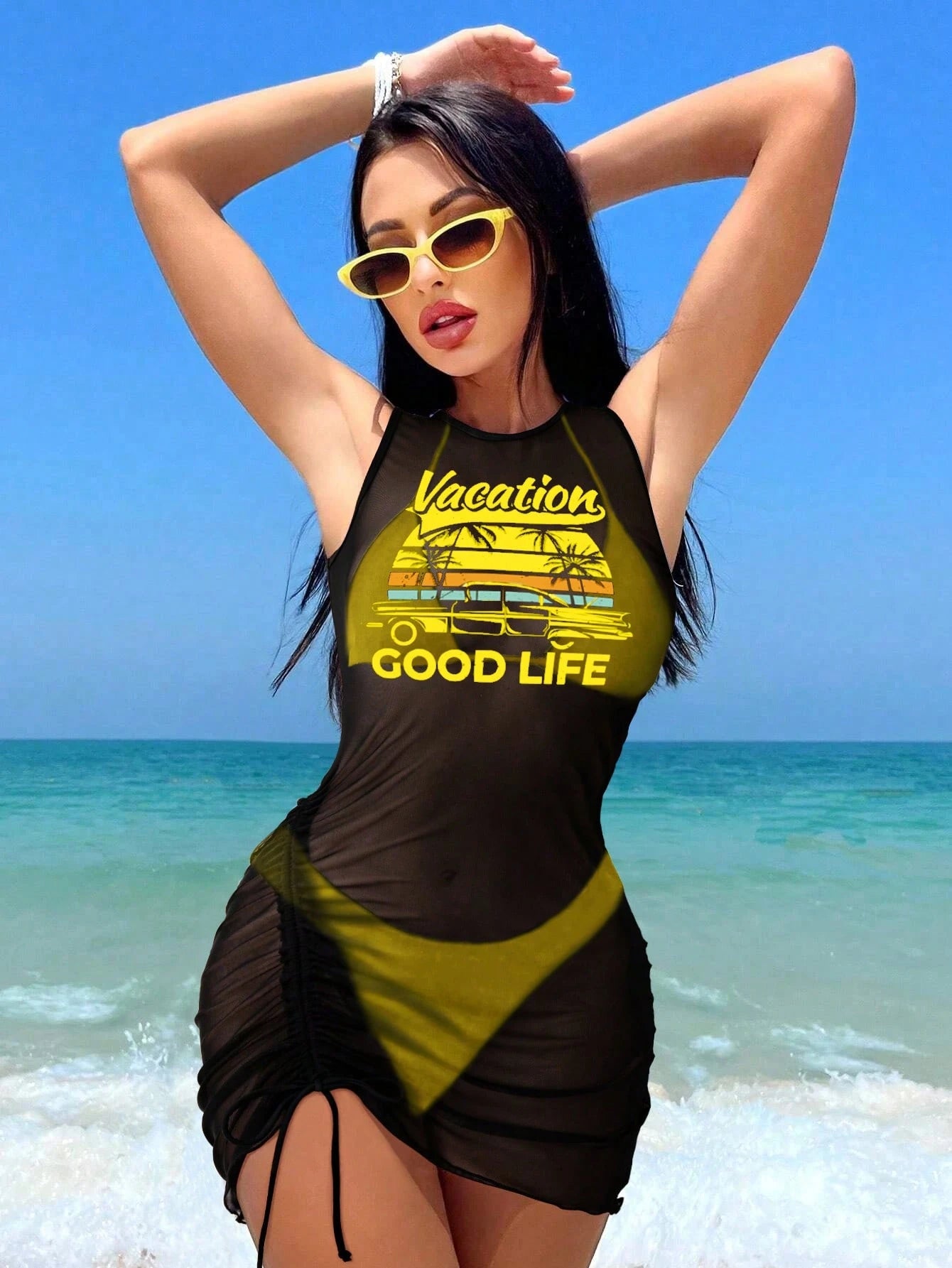 Swim Vcay Women Summer Beach Solid Color Halter Tie Sexy Bikini Swimwear Set With Letter Print Sleeveless Cover-Up Dress