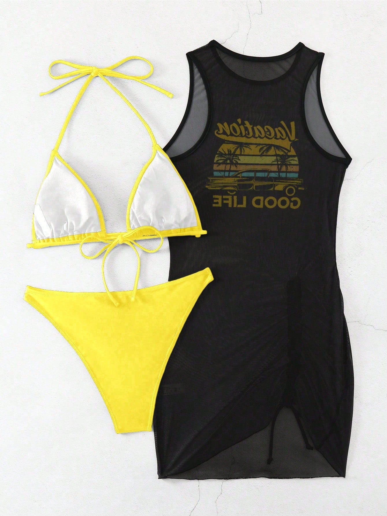 Swim Vcay Women Summer Beach Solid Color Halter Tie Sexy Bikini Swimwear Set With Letter Print Sleeveless Cover-Up Dress