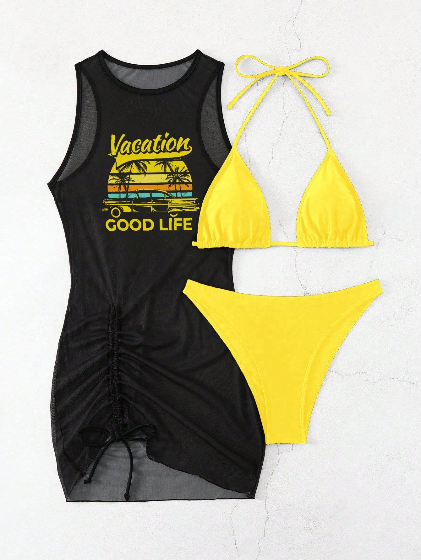 Swim Vcay Women Summer Beach Solid Color Halter Tie Sexy Bikini Swimwear Set With Letter Print Sleeveless Cover-Up Dress