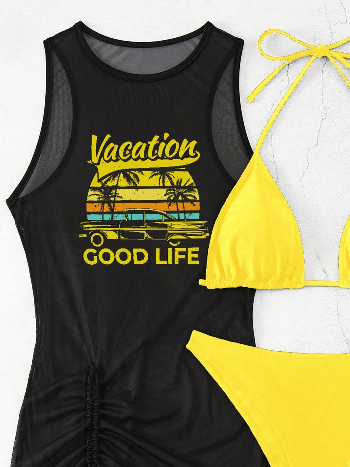 Swim Vcay Women Summer Beach Solid Color Halter Tie Sexy Bikini Swimwear Set With Letter Print Sleeveless Cover-Up Dress