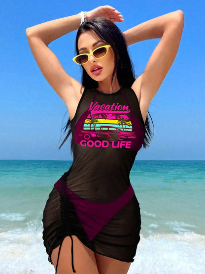 Swim Vcay Women Summer Beach Solid Color Halter Tie Sexy Bikini Swimwear Set With Letter Print Sleeveless Cover-Up Dress