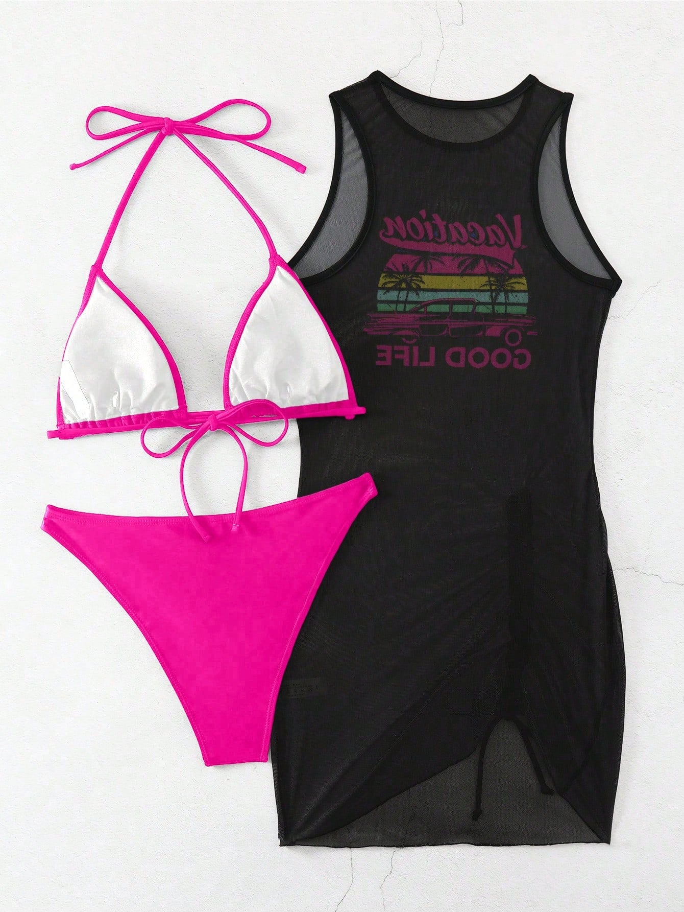 Swim Vcay Women Summer Beach Solid Color Halter Tie Sexy Bikini Swimwear Set With Letter Print Sleeveless Cover-Up Dress